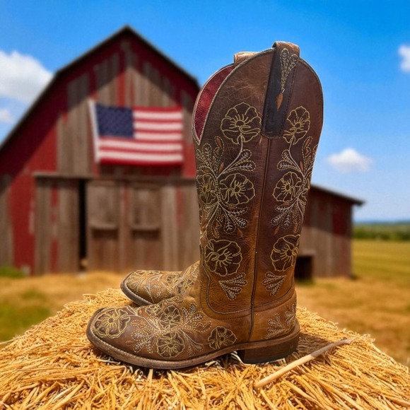 🔥Macie Bean 🤑Whiskey🤠 Bent‎ Pansy Floral EmbroideredWestern Cowboy Boots 7